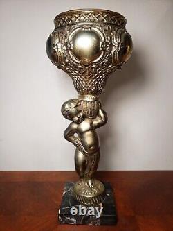 Antique Victorian Spelter Cherub Oil Lamp Font Sconce With Marble Base
