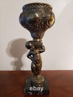 Antique Victorian Spelter Cherub Oil Lamp Font Sconce With Marble Base