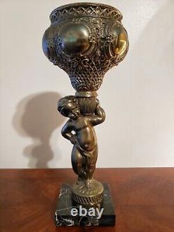 Antique Victorian Spelter Cherub Oil Lamp Font Sconce With Marble Base