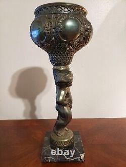 Antique Victorian Spelter Cherub Oil Lamp Font Sconce With Marble Base