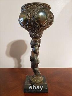 Antique Victorian Spelter Cherub Oil Lamp Font Sconce With Marble Base