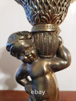 Antique Victorian Spelter Cherub Oil Lamp Font Sconce With Marble Base