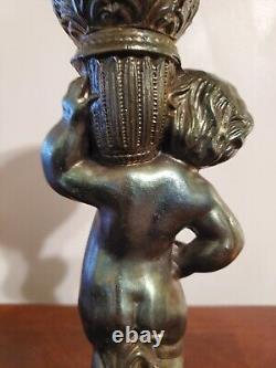 Antique Victorian Spelter Cherub Oil Lamp Font Sconce With Marble Base