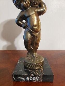 Antique Victorian Spelter Cherub Oil Lamp Font Sconce With Marble Base