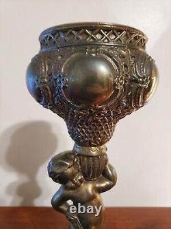 Antique Victorian Spelter Cherub Oil Lamp Font Sconce With Marble Base