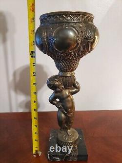 Antique Victorian Spelter Cherub Oil Lamp Font Sconce With Marble Base
