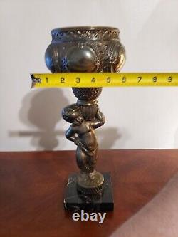 Antique Victorian Spelter Cherub Oil Lamp Font Sconce With Marble Base