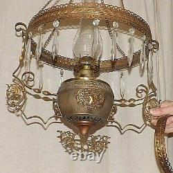 Antique Victorian Vintage Hanging Oil Lamp with Clear Crystal Prisms No Shade