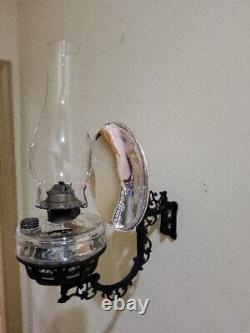 Antique Victorian Wall Kerosene Oil Lamp Cast Iron Bracket Mercury Reflector