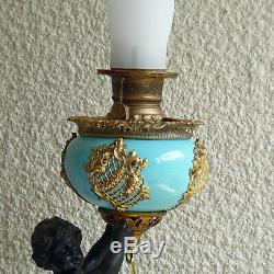 Antique Victorian Winged Putti Statue Cherub Oil Banquet Lamp 19th/c Converted