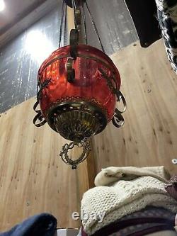 Antique Victorian cranberry glass hanging oil lamp