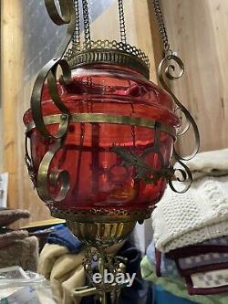 Antique Victorian cranberry glass hanging oil lamp