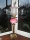 Antique Victorian oil lamp tall pink font corinthian column etched shade OL3
