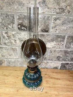 Antique Vintage Blue Glass Oil Lamp with Refelctor