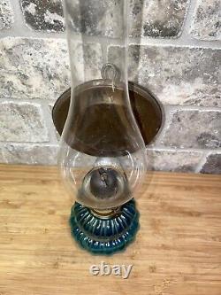 Antique Vintage Blue Glass Oil Lamp with Refelctor