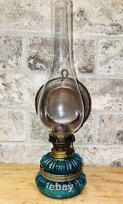 Antique Vintage Blue Glass Oil Lamp with Refelctor