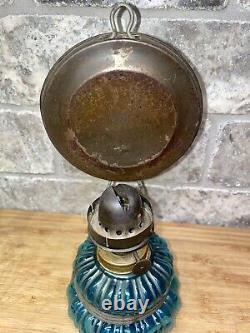 Antique Vintage Blue Glass Oil Lamp with Refelctor