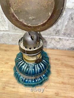 Antique Vintage Blue Glass Oil Lamp with Refelctor