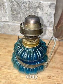 Antique Vintage Blue Glass Oil Lamp with Refelctor