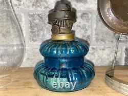 Antique Vintage Blue Glass Oil Lamp with Refelctor