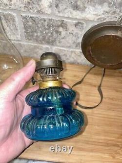 Antique Vintage Blue Glass Oil Lamp with Refelctor