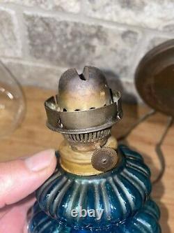 Antique Vintage Blue Glass Oil Lamp with Refelctor