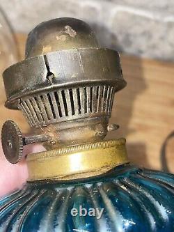Antique Vintage Blue Glass Oil Lamp with Refelctor