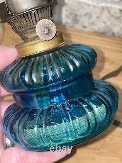 Antique Vintage Blue Glass Oil Lamp with Refelctor