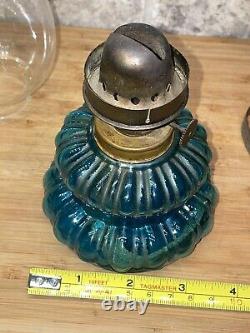 Antique Vintage Blue Glass Oil Lamp with Refelctor