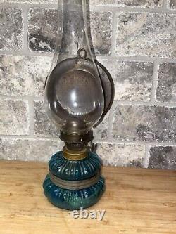 Antique Vintage Blue Glass Oil Lamp with Refelctor