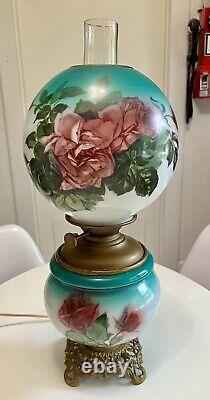 Antique Vintage GWTW Oil Lamp Pittsburgh Success Teal Rose Victorian Converted