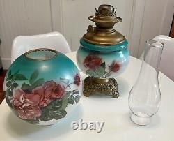 Antique Vintage GWTW Oil Lamp Pittsburgh Success Teal Rose Victorian Converted