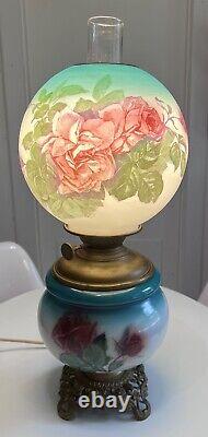 Antique Vintage GWTW Oil Lamp Pittsburgh Success Teal Rose Victorian Converted