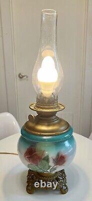 Antique Vintage GWTW Oil Lamp Pittsburgh Success Teal Rose Victorian Converted