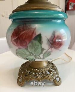 Antique Vintage GWTW Oil Lamp Pittsburgh Success Teal Rose Victorian Converted