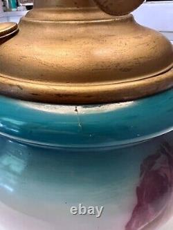 Antique Vintage GWTW Oil Lamp Pittsburgh Success Teal Rose Victorian Converted