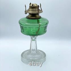 Antique Vintage Green Clear Glass Paneled Kerosene Oil Lamp Base and Burner EAPG