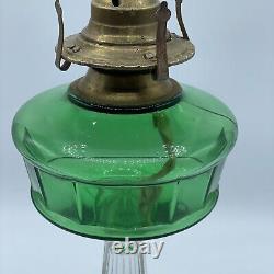 Antique Vintage Green Clear Glass Paneled Kerosene Oil Lamp Base and Burner EAPG