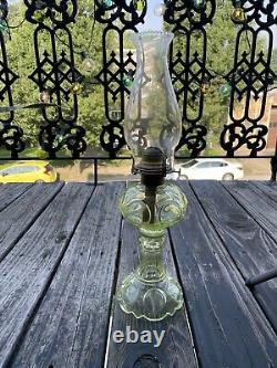 Antique Vintage Pale Green Kerosene Oil Lamp Moon Pattern Font Depression Glass