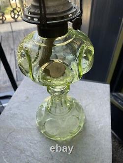Antique Vintage Pale Green Kerosene Oil Lamp Moon Pattern Font Depression Glass