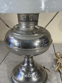 Antique Vintage Rayo Nickel Plated Oil Table Lamp with White Milk Glass Shade