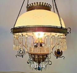 Antique Vintage Victorian Hanging Parlor Library Lamp Rare Opalescent Lampshade