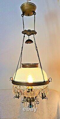 Antique Vintage Victorian Hanging Parlor Library Lamp Rare Opalescent Lampshade