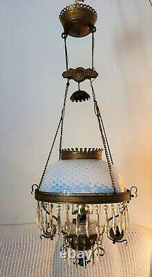 Antique Vintage Victorian Hanging Parlor Library Lamp Rare Opalescent Lampshade