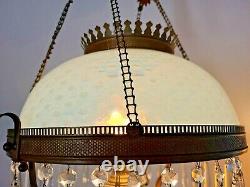 Antique Vintage Victorian Hanging Parlor Library Lamp Rare Opalescent Lampshade