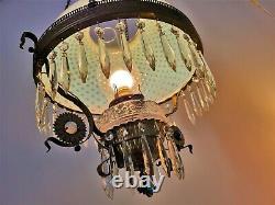 Antique Vintage Victorian Hanging Parlor Library Lamp Rare Opalescent Lampshade