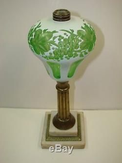 Antique Vintage White Overlay Wheel Cut To Green Glass Oil Lamp Sandwich Era