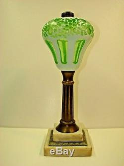 Antique Vintage White Overlay Wheel Cut To Green Glass Oil Lamp Sandwich Era