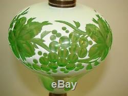 Antique Vintage White Overlay Wheel Cut To Green Glass Oil Lamp Sandwich Era