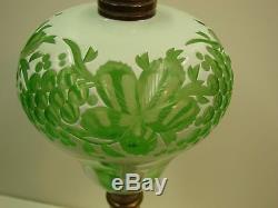 Antique Vintage White Overlay Wheel Cut To Green Glass Oil Lamp Sandwich Era